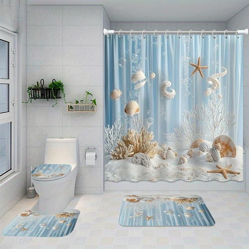 TEMU 1pc/4pcs Home Decor Bathshower Curtain Sets With 12 Hooks, Toilet Seat Cover Bathroom Mat Non-slip Rug Carpet Polyester Fabric Washable Curtain For Bathroom Accessories