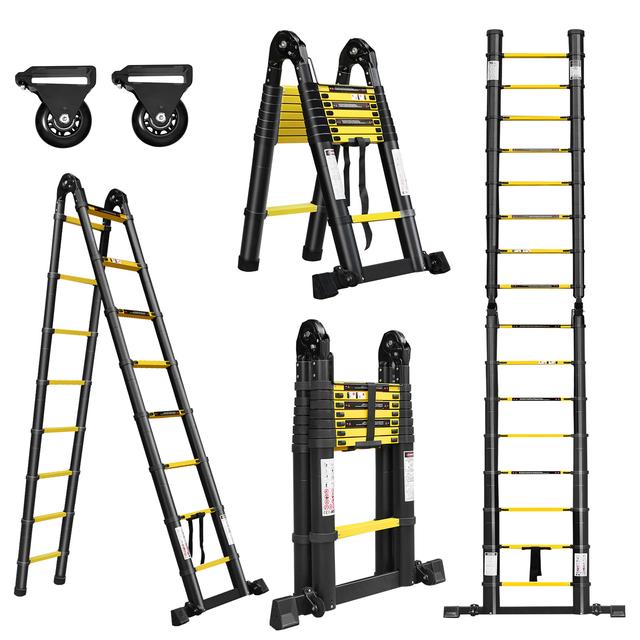 TEMU Telescopic Aluminium Ladder Folding Ladder, Non-slip Ladder, Telescopic Design Ladder, Max. 150 Kg Load, Black And Yellow