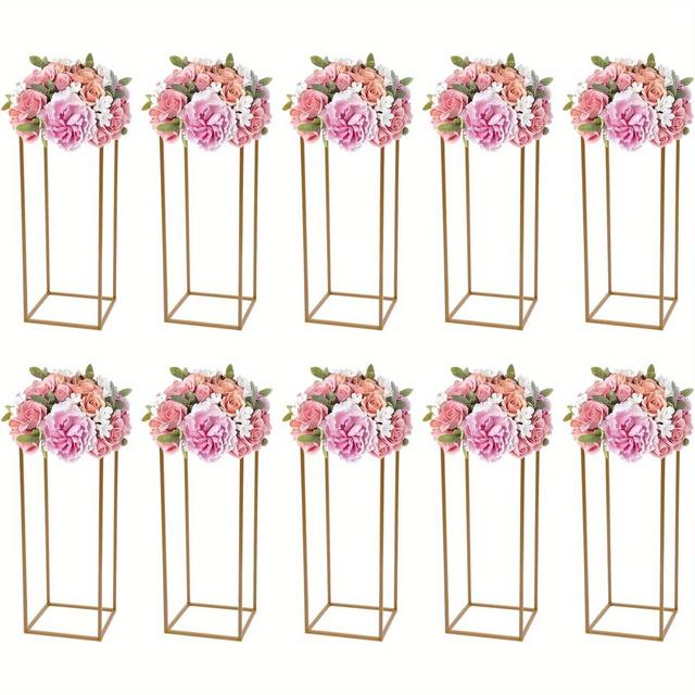 TEMU Thermall 10pcs Golden Floor Vase Vase Column 60cm Tall Metal Flower Stand Geometric Rectangular Square Tubes Flower Vases For Wedding Table Centerpieces Gifts For