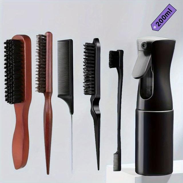 TEMU 5/6pcs Hair Styling Brush Set With Bamboo Handles - 200ml Spray Bottle Bristle Teasing & Smoothing Combs For Men And Women, Perfect For Slicked Back Hairstyles