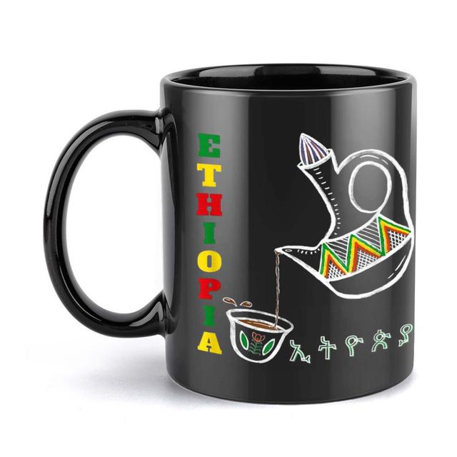 TEMU 1pc Ethiopia Coffee Mug, 11oz Ceramic Cup With Flag & , Black With Colorful Text, Christmas, New Year, Drinks, Ideal Gift