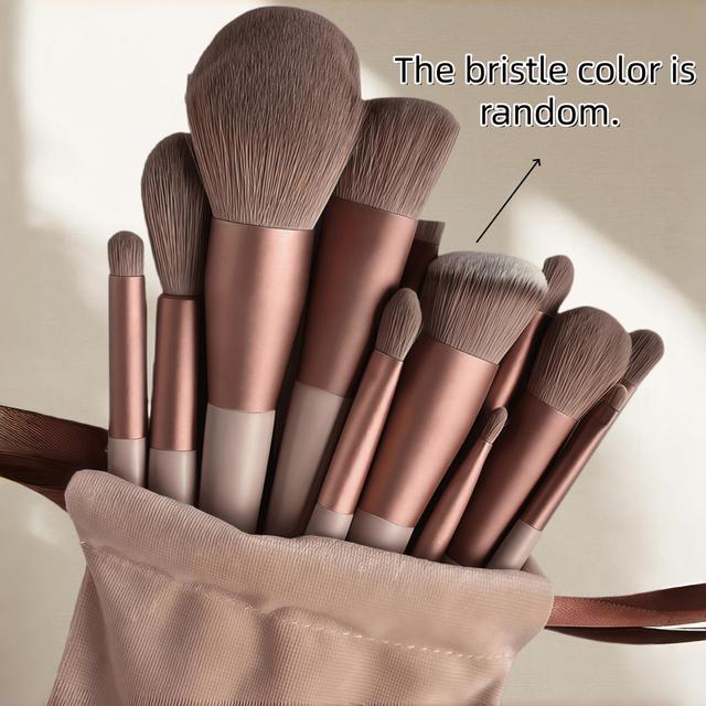 TEMU 13pcs Professional For Makeup Brush Set | Soft Fluffy Nylon Bristles, Abs Plastic Handles, Includes Blending Brush And Sponge, Ideal For Beginners, Brown Random Color, For Easy To Carry