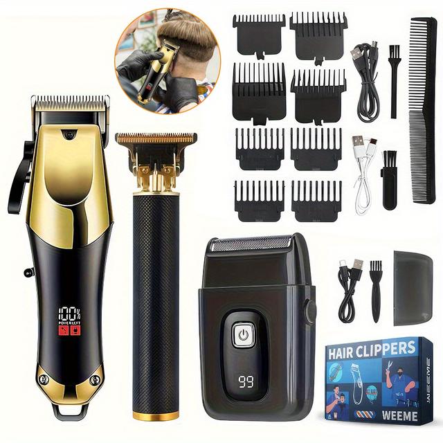 TEMU 3pcs Set Professional Hair Clipper, Beard Trimmer Set And Kit, Cordless Men's Hair Trimmer, Electric Shaver, Hair Clipper With Led Display For Home And Barber