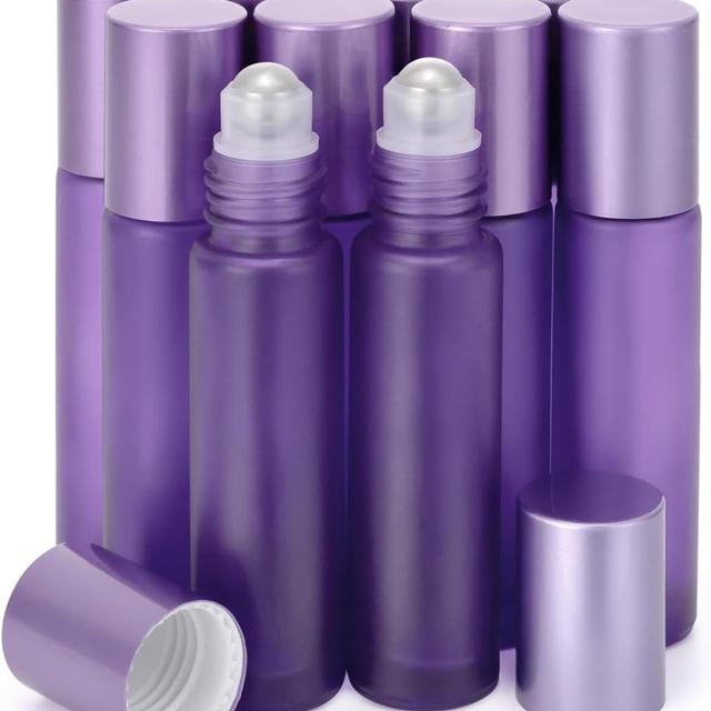 TEMU 10pcs 0.33oz (10ml) Refillable Frosted Glass Roller Bottles Vials With Stainless Steel Roller Ball And Aluminum - Purple Color
