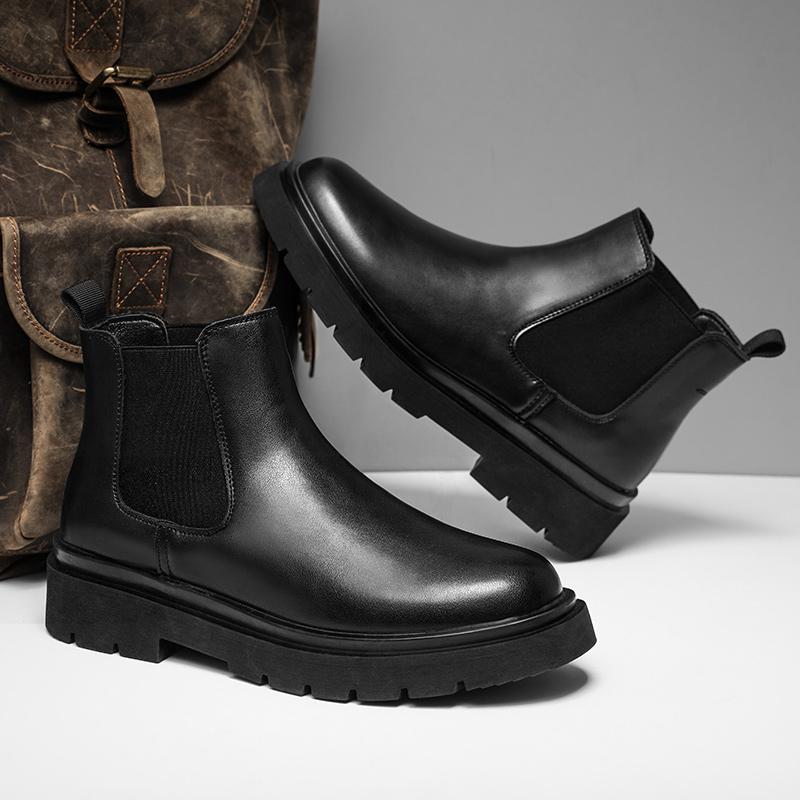 TEMU Men's Thick-soled Black Slip-on Chelsea Boots, Versatile Everyday Wear, Short Boots, Fashionable High-top Slip-on Boots, Work Boots