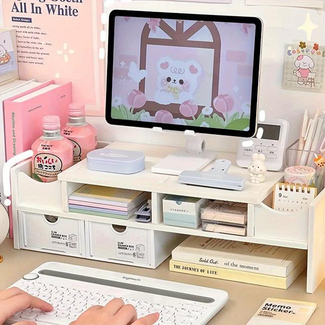 TEMU White Desktop Monitor Stand And Laptop Riser With Storage Shelf- Suitable For Dormitory, Home, And Organization Pvc Office Organizer