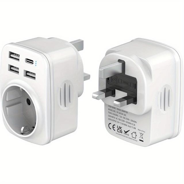 TEMU UK Adapter Gniazdko Zasilania, Adapter do Anglii i Niemiec, Adapter Gniazdko Zasilania 5w1 UK, Adapter UK z 3 USB A i 1 USB C, Adapter Podróżny Typ G do Anglii, Irlandii, Dubaju, Maldivów