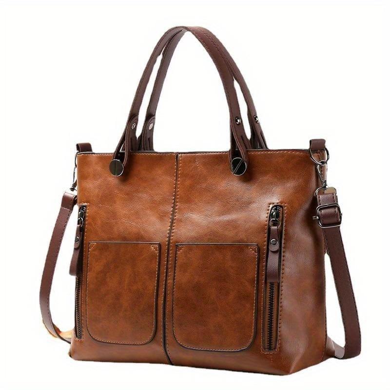TEMU Vintage-style Women's Tote Bag With Adjustable Strap, Large Capacity With Multiple Pockets & Zipper Closure In Deep Brown