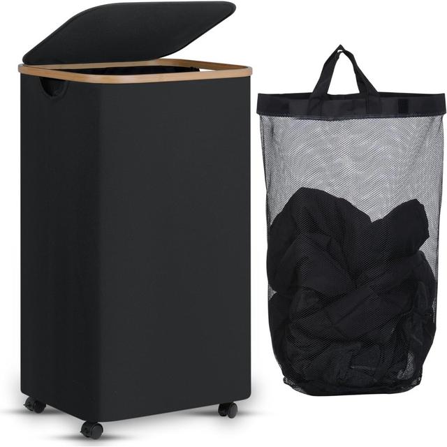 TEMU Zree Foldable Laundry Basket With Inner Bag, Mobile Storage Hamper With 4 Wheels For Bathroom Bedroom, Large Capacity Organizer In Black, Laundry Baskets
