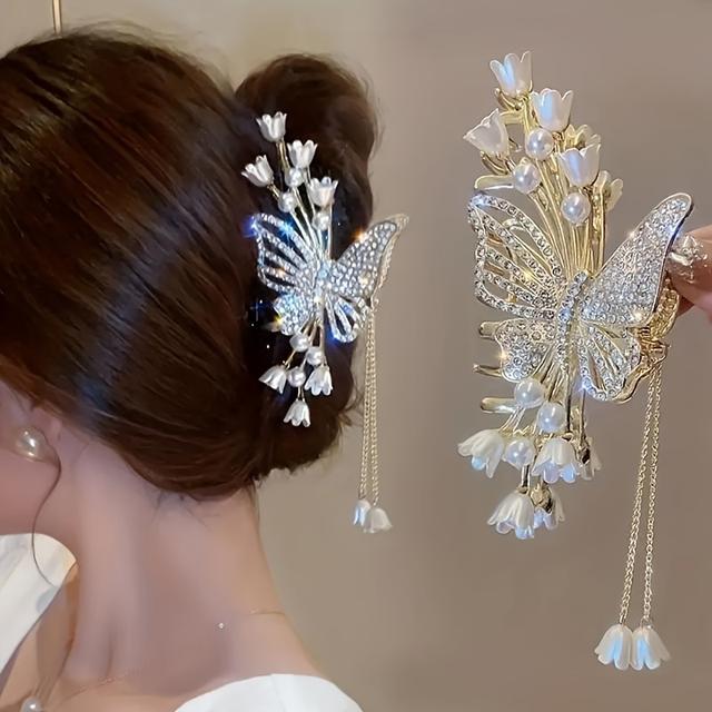 TEMU Elegant And Fine Hair Additions With Rhinestones And Pearls - Oversized Metal Tassel Hairpins For Women, Ideal For Gifting
