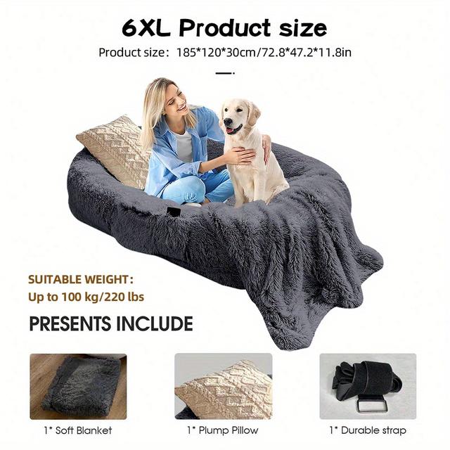 TEMU Plush Adult Dog Bed With Pillow & Blanket - Cozy, Washable, Removable Cover, Medium To Large Dogs, Ideal For Lounging Or Napping, In Multiple Sizes, Large Dog Bed