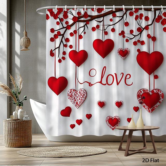TEMU 1pc 2d Flat Theme Shower Curtain Red Hearts Floral Branches Romantic Bath Hanging Curtain Set 70.8x70.8 Inch With Hook, 2d Flat