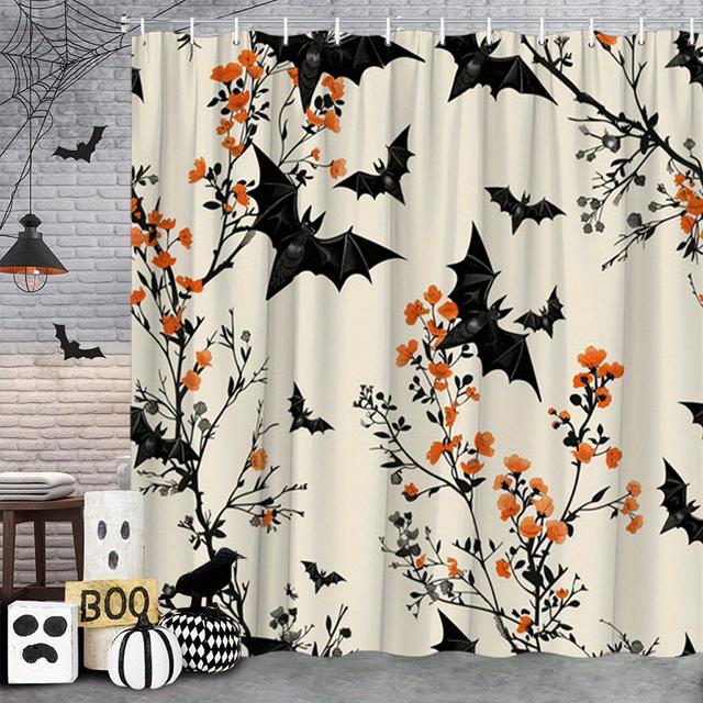 TEMU 1pc Halloween-themed Shower Curtain Featuring Bats And Orange Flowers, Designed With Gothic Wings And . Measuring By Inches, This Washable Polyester Bathroom Decor Comes With 12 Hooks