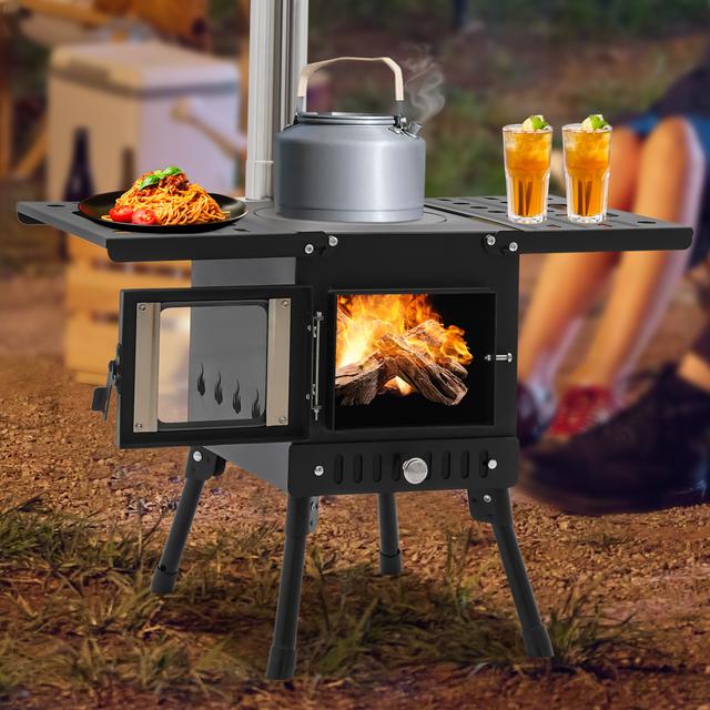 TEMU Modern, Camping Stove Outdoor Folding Wood Stove With Chimney Carbon Steel Portable Wood Stove For Garden Fishing Barbecue Durable Efficient Non-slip Ash Tray Observation Window
