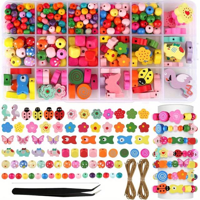 TEMU 432 pièces Sac de Perles en Bois Colorées DIY, Ensemble d'Artisanat Multicolore avec Aiguilles et Fil pour Décorations