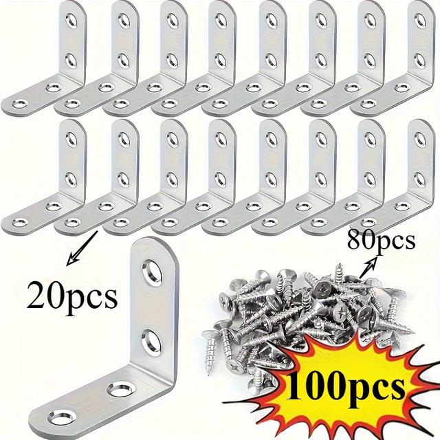 TEMU 100pcs Stainless Steel L-shaped Bracket Angle Kit With 90 Degree Right Angle And Screws | Suitable For Wooden Frames, Chairs, Tables, Dressing Tables, Furniture Assembly