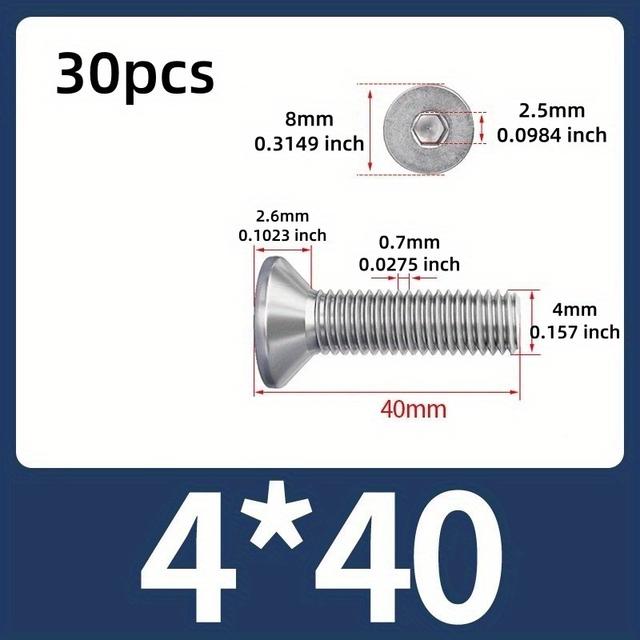 TEMU Din7991 Hex Screw M4 Bolt Length(6-80mm) M4*0.7p 304 Stainless Steel Hexagon Hex Socket Countersunk Screw Furniture Screws