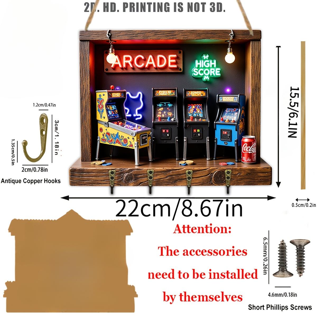 TEMU 2d Vintage Arcade Style Wooden Key Hook With 4 Metal Hooks, Wall Decor, Porch Decor, Room Decor, Villa Decor, Seasonal Home Decor, 1-pack, Suitable As A Gift For , 2d Flat