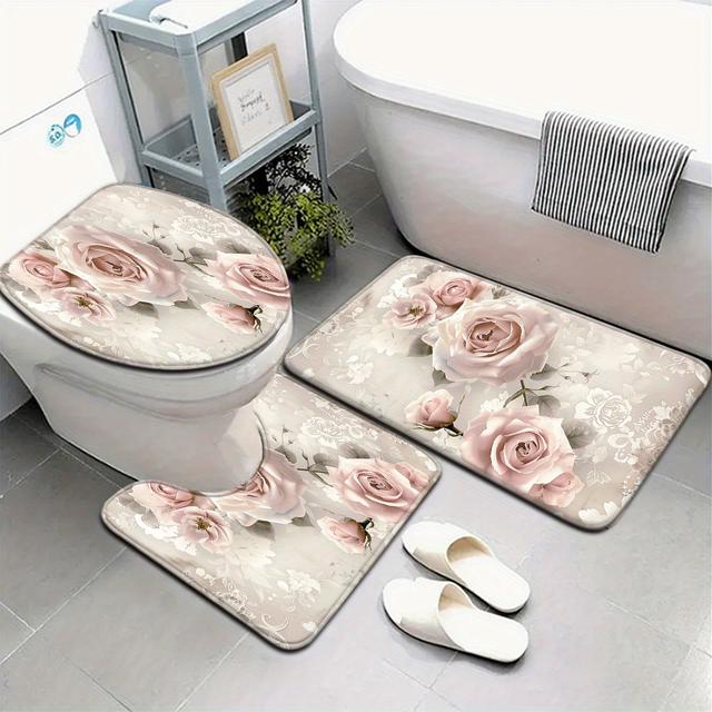 TEMU طقم سجادة حمام بنقشة الوردي لعيد الأم مكون من 3 قطع/4 قطع مع غطاء مقعد المرحاض وفساتين أرضية على شكل حرف U