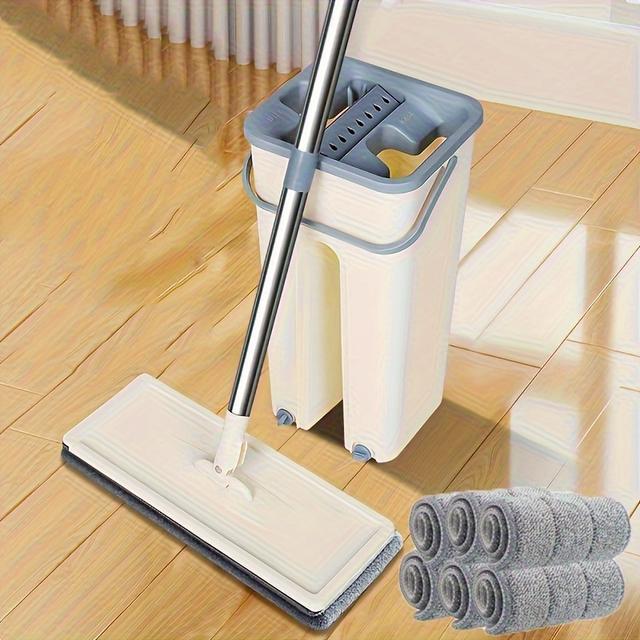 TEMU Set Of 8 Household Mop And Bucket With 6 Interchangeable Microfiber Pads - 360° Flexible Spin Flat Mop, Suitable For Wet And Dry Cleaning, Quick-dewatering Bucket, Easy-to-clean Toolkit