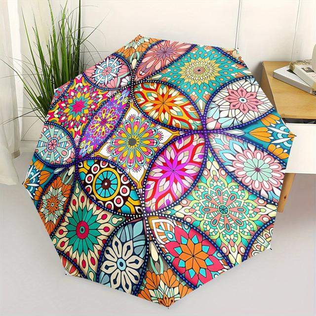 TEMU مظلة قابلة للطي محمولة تتميز بنقوش هندسية ماندالا نابضة بالحياة. إنه إكسسوار خارجي مريح مناسب لجميع ، مما يجعله هدية مثالية لعيد الميلاد أو أعياد الميلاد أو المهرجانات
