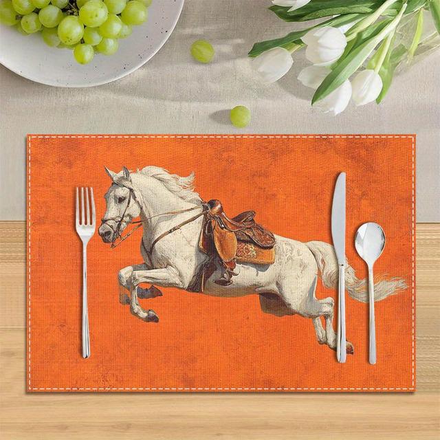 TEMU 4 قطع حصان أبيض مع سرج قفز مفرش طاولة 12*18 بوصة قابل للغسل، تصميم مستطيل مثالي لحفلات العطلات وديكور المنزل لطاولات الطعام والقهوة