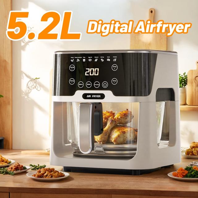 TEMU Air Fryer Glass 5.2l Fryer Oven With Glass Pot Multifunction With Led Touch Screen Adjustable Temperature 200degree Healthy Less Fat Easy To Clean