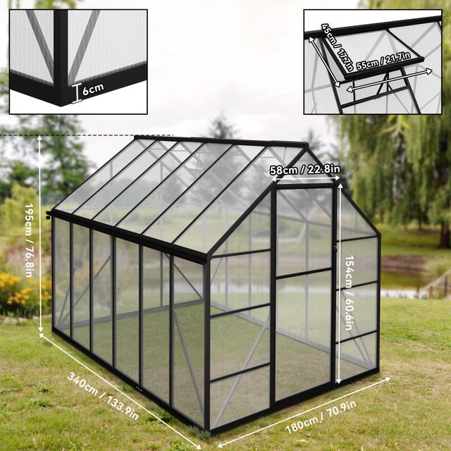 TEMU 340X180X195Cm Mehrzweck-Gewächshaus Aluminium-Tomatenhaus, Gazebo und Pflanzkasten mit Tür und Belüftungsfenster Metallrahmen Gewächshaus