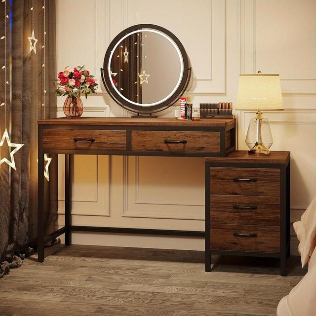 TEMU Coiffeuse avec 5 tiroirs de rangement et commode réversible à 3 tiroirs - Table de maquillage adaptée aux femmes et filles, tiroirs coulissants, montage , table de toilette ( )