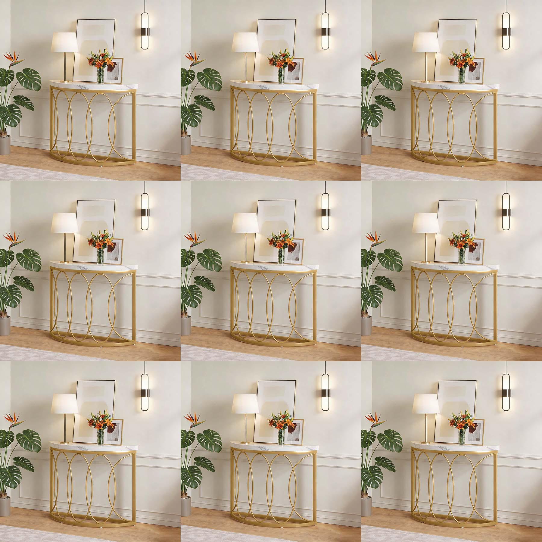 TEMU Slim Console Table, Golden Imitation Marble Living Room Table With Metal Structure And Moon Shape Design, Contemporary Sofa Table, Minimalist Sofa Table For Living Room, , Entrance