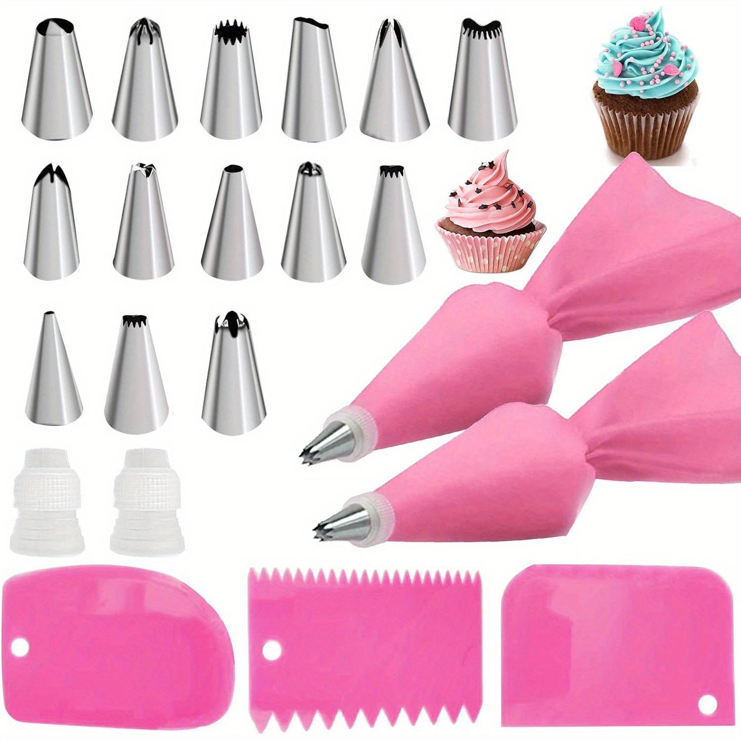 TEMU 21pcs Piping Bags And Tips Set, 2 Reusable Pastry Bag With 14 Stainless Steel Nozzle Icing Tips Set, 3 Icing Smoother & 2 Couplers & For Baking Decorating Cake Tool (pink)