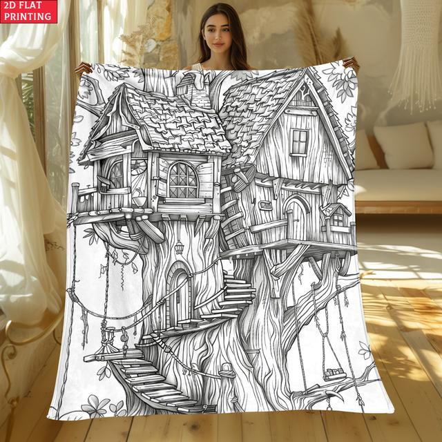 TEMU 2d Flat 1pc Coloring House Outdoor Portable Blanket – Lightweight Home Decor Bedding Throw For Travel, Camping, Living Rooms, Offices, Sofas, Chairs, And Beds – Soft, Warm, Printed Fabric