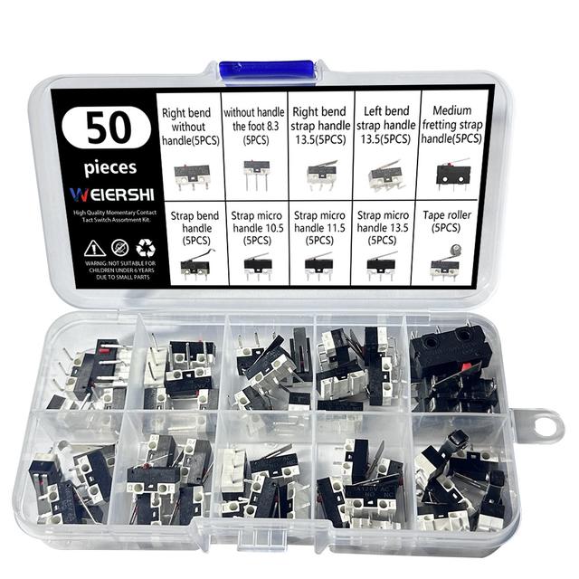 TEMU Un set di 50 kit di interruttori di in miniatura con interruttori a SPDT momentanei con bracci a leva curva a rotella, che 10 diverse combinazioni di modelli