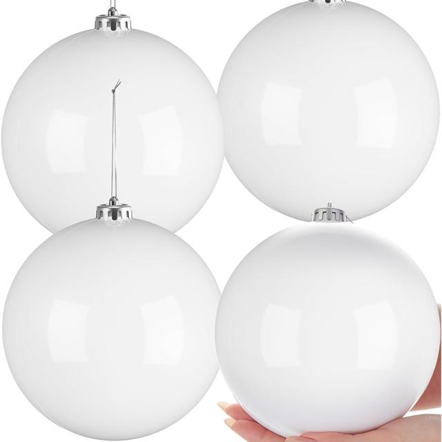 TEMU 4pcs Large 6-inch/15cm White Metallic Glossy Spherical Christmas Decorations - Durable Plastic Spherical Ornaments With Hanging /ring