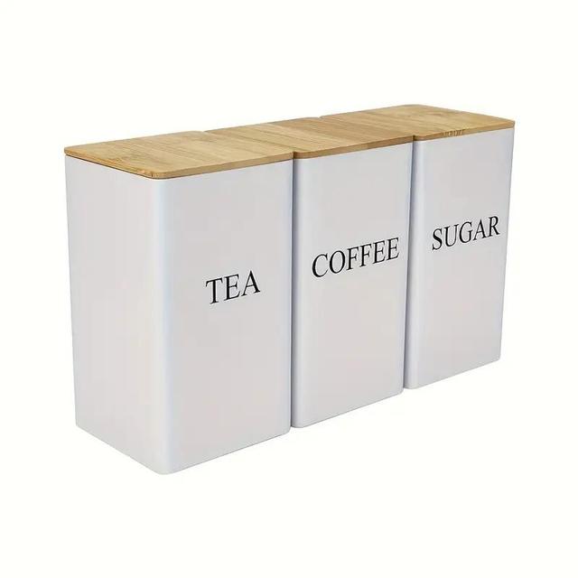 TEMU 3pcs Tea Coffee And Sugar Storage Set Holds Coffee Beans Herbal Teas Candies And More Kitchen Storage Set With Bamboo Lids Metal Storage Containers Christmas Gift