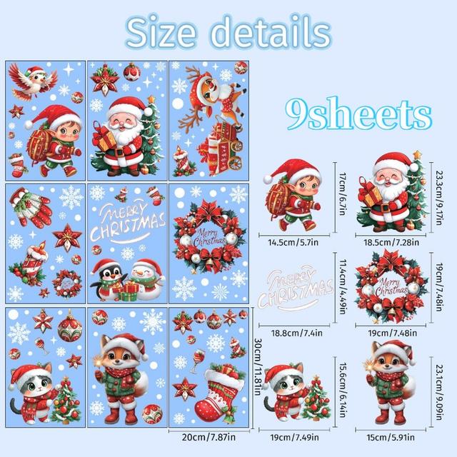 TEMU 9 feuilles d'autocollants de Noël pour fenêtres, décorations de fenêtre de Noël Père Noël , autocollants de fenêtre pour décorations de fête de Noël maison école