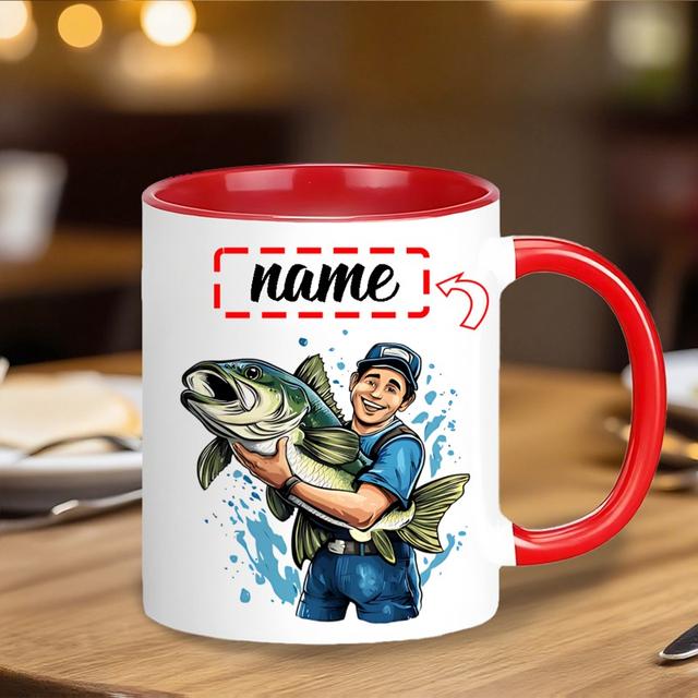 TEMU 1pc Personalized Fishing Mug - Custom Name/text & Double-sided Fish & Angler Design, Ceramic Cup With (for Coffee, Tea) - Ideal Gift For , Fathers Day, Birthdays, - Fishing