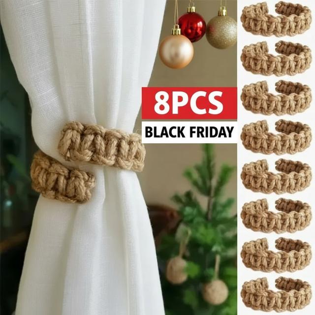 TEMU 8pcs Hand-woven Curtain Tiebacks - Durable Linen Cord Holders With Multiple Hooks, Rustic Farmhouse Window Decor For Blinds, Drapes & Sheers, /brown Color (no Tools Installation)