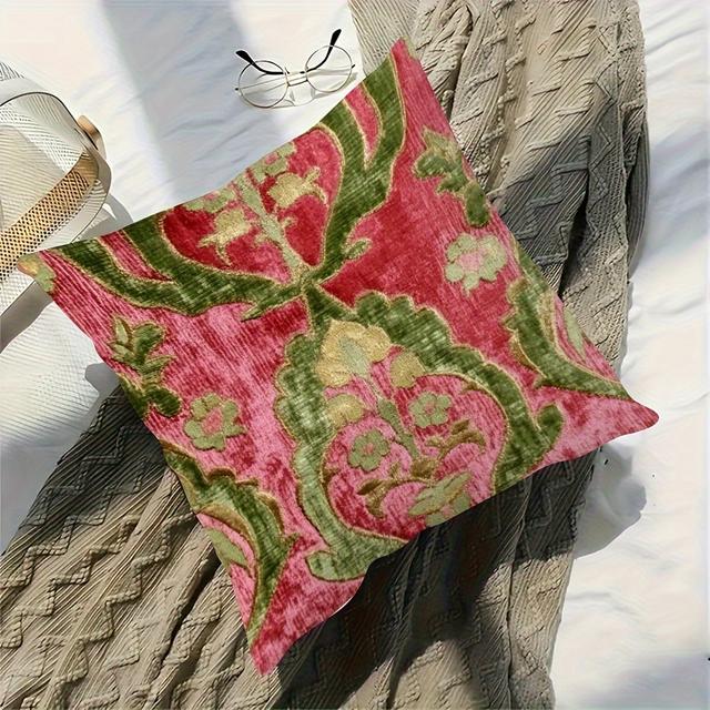 TEMU 1 Piece Of An 18x18 Inch Velvet Pillow Cover Featuring -sided Medieval In Pink And Green, Perfect For A To Your Living Room Or Bedroom. It Includes A Closure, Is Hand Wash Only