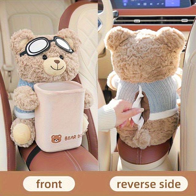 TEMU 2-in-1 Car Tissue Box & Trash Can With Adorable Teddy - Durable Polyester Dual Compartment Organizer, Universal Fit Cup Holder & Storage Rack For Cars, Exquisite Interior Accessory