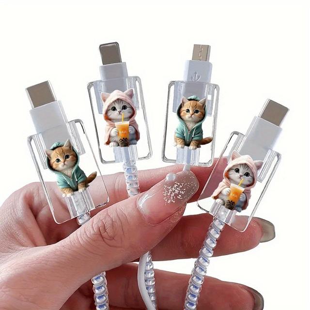 TEMU Négy darabos macska témájú kábelvédő szett Apple iOS telefon töltőkábelekhez, aranyos macskás dizájnnal, megakadályozza a törést.