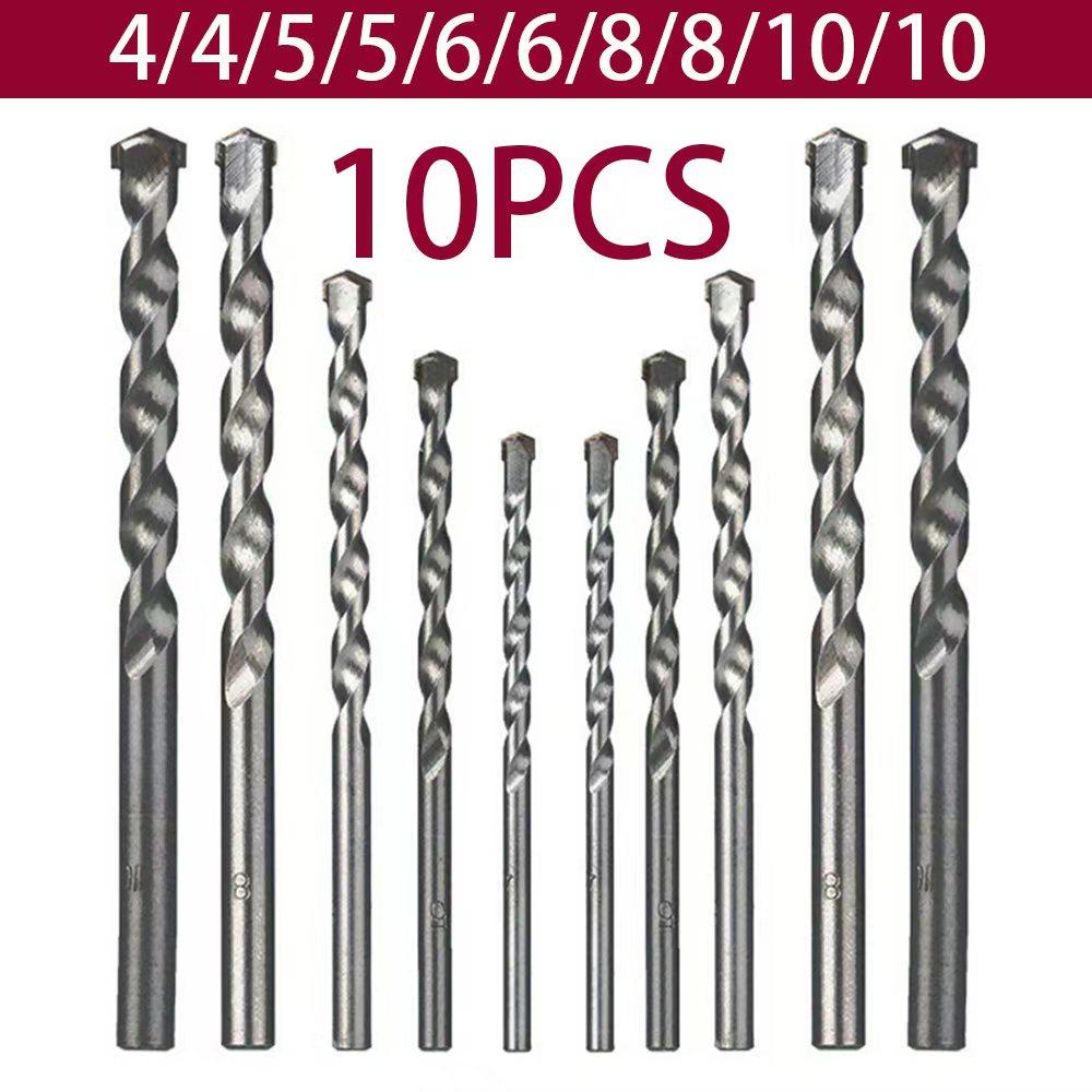 TEMU 10-pcs~4/4/5/5/6/6/8/8/10/10 Round Shank Construction Drill Bit Set, High-strength Alloy Drill Bits, Suitable For: Concrete, Walls, Tiles, Red Brick, Cement, Marble, Granite, And Other Stones