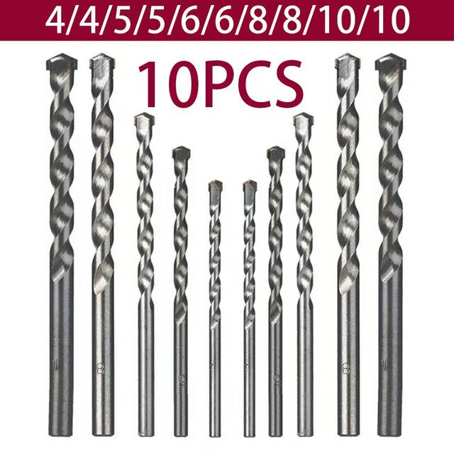 TEMU 10-pcs~4/4/5/5/6/6/8/8/10/10 Round Shank Construction Drill Bit Set, High-strength Alloy Drill Bits, Suitable For: Concrete, Walls, Tiles, Red Brick, Cement, Marble, Granite, And Other Stones