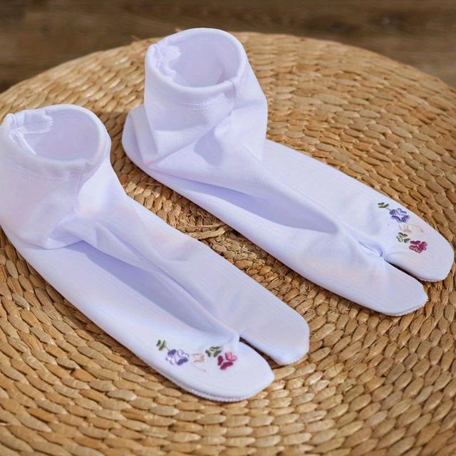 TEMU 1ペアの刺繍付き草履ソックス ホワイトタビ レディース日本の二本足ソックス ドット付き日本の着物ソックス レディースソックス、通気性と快適性