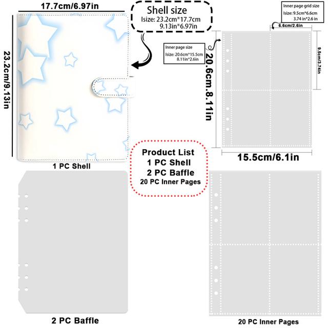 TEMU 흰색 배경에 밝은 파란색 윤곽이 있는 별 패턴 프린트, PU 가죽 소재, A5 사이즈, 루프리프 바인더 카드 보관에 적합, 자석 버클, 엽서, 사진, 선물, 사진 앨범, 앨범, 사진 컬렉션, 사진 카드