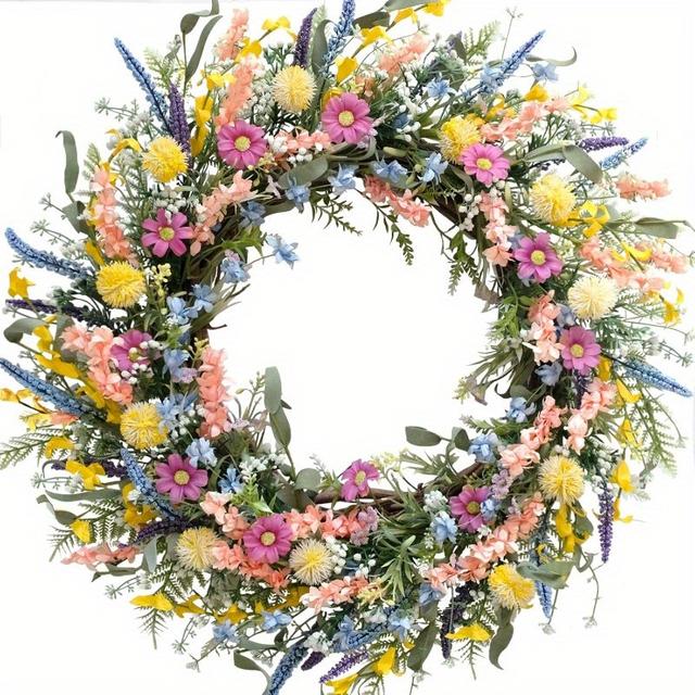 TEMU 24-inch Colorful Spring-summer Floral Front Door Wreath, Of And Lavender Wildflowers, Suitable For , Graduation Season
