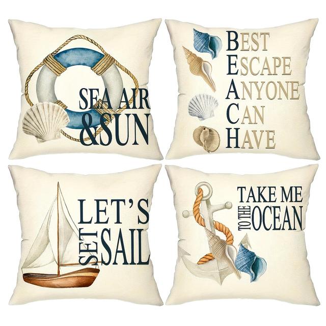TEMU أغطية وسائد بحرية أنيقة بتصميم عصري، مجموعة من 4 قطع، مصنوعة من البوليستر، مع نمط مرساة الصدفة، قابلة للغسل باليد فقط، مع إغلاق بسحاب، مناسبة لتزيين المنزل وغرفة النوم - لا تشمل حشوات الوسائد