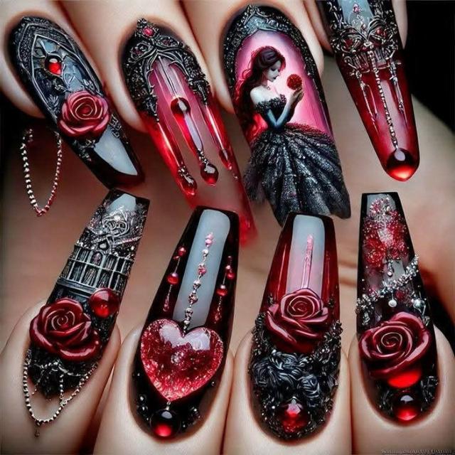 TEMU 48pcs Gothic Rose Press On Nails With Armor Nail Art - Long Coffin/ballerina Fake Nails Suitable For Women &, Full Cover Glossy False Nails For Valentine's Day, Weddings, Themed Parties