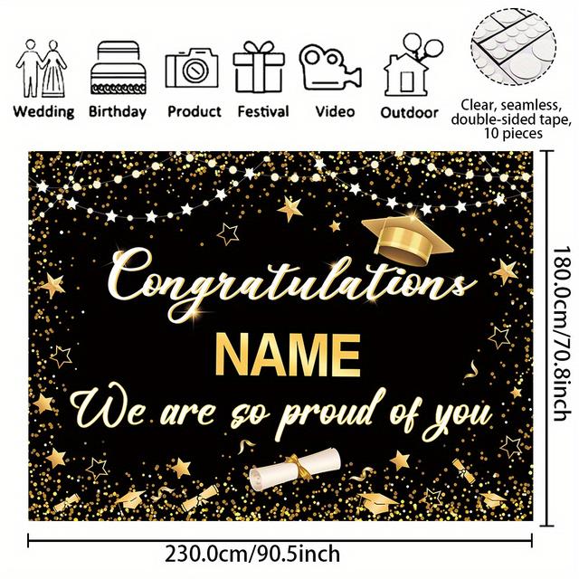 TEMU Customizable Grad Banner - Polyester, Black With Golden Glittery Stars And , Personalized Name Option For High School, College Celebrations, Indoor/outdoor Decor