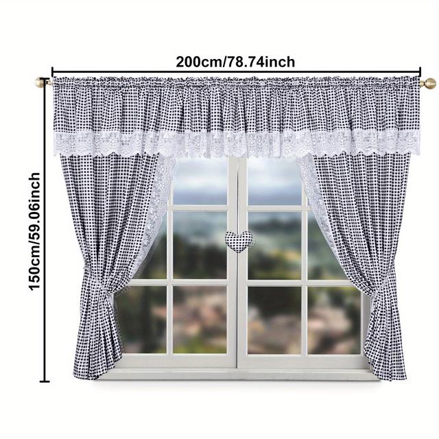 TEMU Kostkovaná záclona s krajkou, 1 ks, 200x150 cm, kartáčovaná látka, multifunkční plisovanou páskou, srdíčkový přívěsek a stahovací šňůrky, útulný okenní panel do obýváku, ložnice jídelny